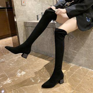 Chunky Heel Rhinestone Tall Boots