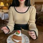 Plain U-neck Loose-fit Puff-sleeve Knit Sweater
