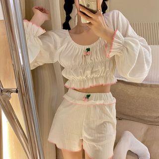 Long-sleeve Cherry Accent Crop Top / Shorts