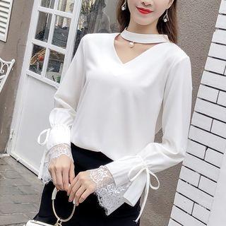Lace Cuff Chiffon Choker Blouse