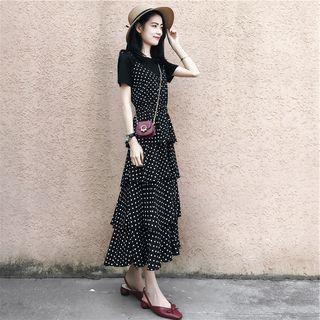 Set: Short-sleeve T-shirt + Spaghetti-strap Polka Dot Tiered Midi Dress