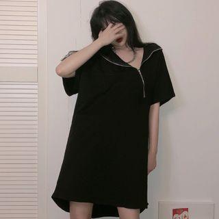 Short-sleeve Zip Hooded Mini T-shirt Dress Black - One Size