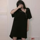 Short-sleeve Zip Hooded Mini T-shirt Dress Black - One Size