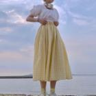 Square-neck Short-sleeve Blouse / Plaid Midi A-line Skirt