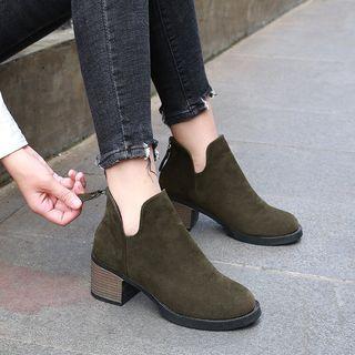 Block Heel Back-zip Pointed Ankle Boots