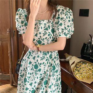Puff-sleeve Print Midi A-line Dress Green - One Size