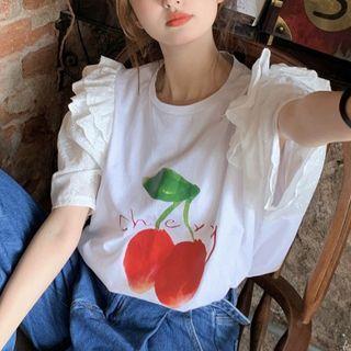 Elbow-sleeve Cherry Print Ruffled T-shirt White - One Size