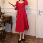 V-neck Puff-sleeve Plain Dress Red - One Size