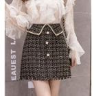 Fray Hem Mini A-line Tweed Skirt