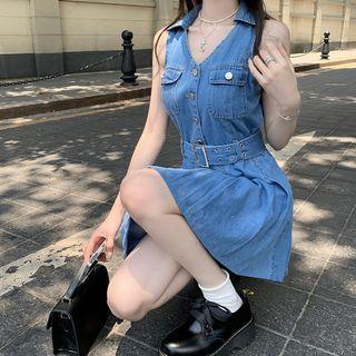 Sleeveless Collar Denim Mini A-line Dress