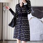 Long-sleeve Patterned Button-up Knit A-line Dress