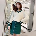 Set: Contrast Trim Sweater + Mini Straight-fit Skirt Set - Almond & Green - One Size