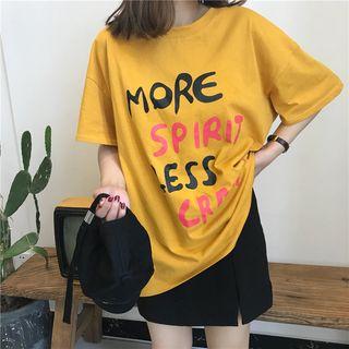 Elbow-sleeve Letter T-shirt As Shown In Figure - One Size
