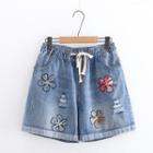 Flower Embroidered Lace-up High-waist Denim Shorts Shorts - Blue - One Size