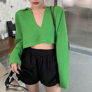 Plain V-neck Long-sleeve Crop Knit Top
