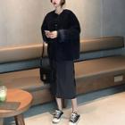 Plain V-neck Long-sleeve Slim-fit Knit Dress / Fleece Jacket