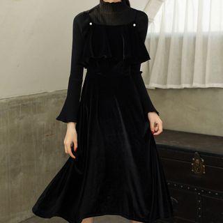 Set: Long-sleeve Mock-neck Knit Top + Midi A-line Jumper Dress