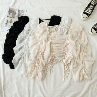 Drawstring Ruffled Cropped Chiffon Blouse