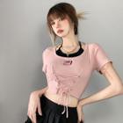 Mock Two-piece Short-sleeve Lace-up Top