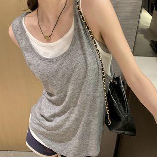 Mock Two-piece Tank Top / Contrast Trim Shorts