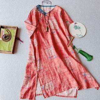 Short-sleeve Print Midi Shift Dress