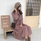 Tie-neck Long-sleeve Plaid Midi A-line Dress