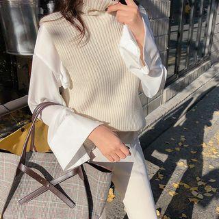 Turtleneck Wool Blend Rib Knit Vest