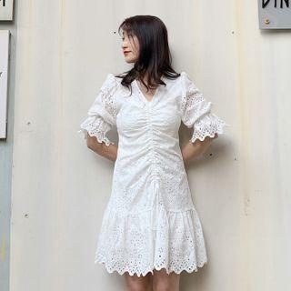 Bell-sleeve Mini A-line Eyelet Dress