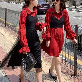 Long-sleeve Shirt Dress / Lace-up Camisole Top / Flared-cuff Shirt / Midi Spaghetti Strap A-line Dress / Set