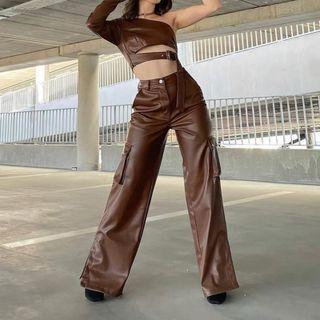 Plain High Waist Faux Leather Pants