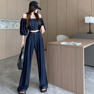 Set: Off-shoulder Denim Crop Blouse + High Waist Wide Leg Jeans