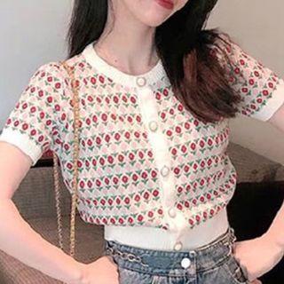 Floral Print Short-sleeve Knit Top White - One Size