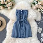 Strapless Button Tie-waist Denim Mini A-line Dress
