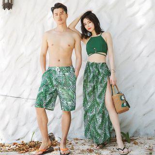 Couple Matching Leaf Print Swim Shorts / Leaf Print Bikini / Cover-up Skirt / Set