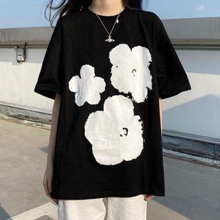 Floral Print Elbow-sleeve T-shirt Black - One Size