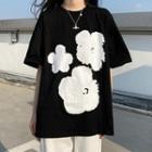 Floral Print Elbow-sleeve T-shirt Black - One Size