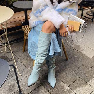 Pointy-toe Shirred Denim Long Boots