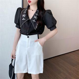 Rhinestone Short-sleeve Blouse / Plain Shorts
