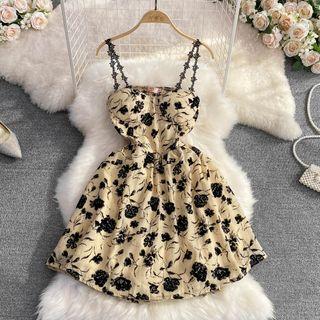 Lace Strap Floral Print A-line Mini Dress