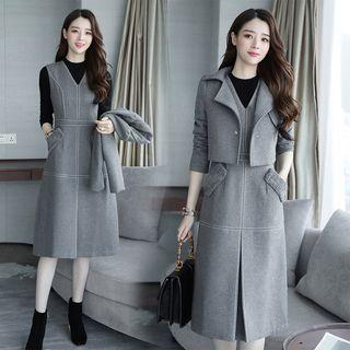 Set: Cropped Buttoned Jacket + V-neck Midi Pinafore Dress