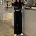 Short-sleeve Striped Cropped T-shirt / High-waist Loose Fit Pants