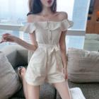 Faux-pearl Button Off-shoulder Tie-waist Playsuit