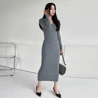 V-neck Ribbed-knit Maxi Dress