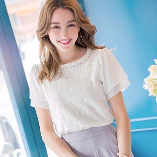 Ruffle Short-sleeve Rhinestone Check Top