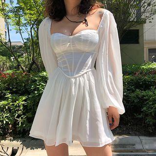 Puff Sleeve Square-neck Mesh Panel Corset Mini A-line Dress