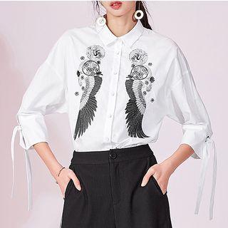 Crane Embroidered 3/4 Sleeve Shirt