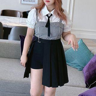 Short-sleeve Shirt / Spaghetti Strap Plaid Top / Shorts / Mini A-line Pleated Skirt / Set