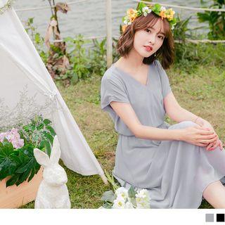 Short Sleeve V-neck Chffion Midi Dress