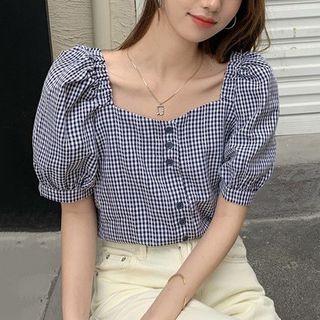 Puff-sleeve Square-neck Check Blouse