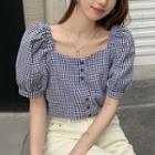 Puff-sleeve Square-neck Check Blouse